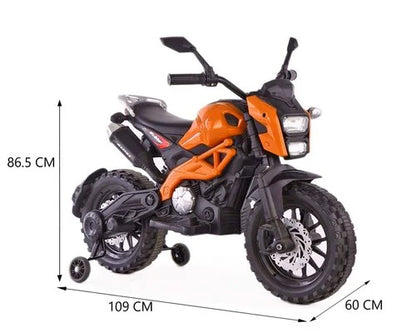KIDS Ride on 12V ELECTRIC MOTORCYCLE, DIRT BIKE, WITH TRAINING WHEELS